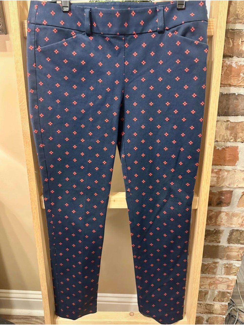 Loft Slim Navy Skinny Pants with Red Micro-Print